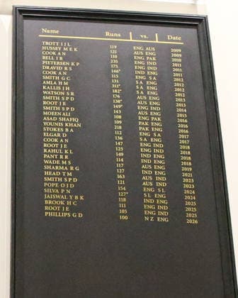 LONDON, ENGLAND - JUNE 20: View of the honours board which features Glenn Phillips of New Zealand after his first innings century during day 4 of the 2nd Rothesay Test Match between England and New Zealand at The Kia Oval on June 20, 2026 in London, England.  Copyright: xJayxPatel SPPx Sportspressphoto_SPR171337
