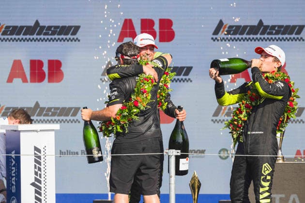 2026 FORMULA E SANYA ePRIX DENNIS Jake (gbr), Andretti Formula E, Porsche 99X Electric, DRUGOVICH Felipe (bra), Andretti Formula E, Porsche 99X Electric, MARTI Pepe (spa), Cupra Kiro, Porsche 99X Electric WCG3, portrait podium during the 2026 Sanya ePrix, 11th round of the 2025-26 ABB FIA Formula E World Championship, WM, Weltmeisterschaft on the Sanya Street Circuit from June 18 to 20, 2026 in Sanya, China - SanyaChina  Copyright: xCLEMENTxLUCKx