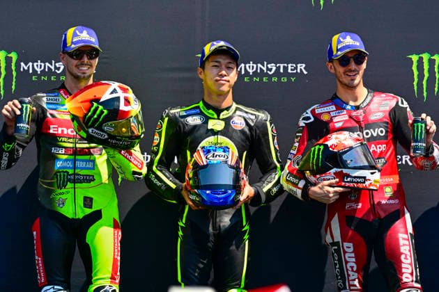 Czech Republic motorcycle Grand Prix, MotoGP World Championship, WM, Weltmeisterschaft qualification MotoGP, in Brno, Czech Republic, on June 20, 2026. From left second placed Fabio Di Giannantonio of Italy, winner Ai Ogura of Japan and third placed Francesco Bagnaia of Italy. (CTKxPhoto VaclavxSalek) CTKPhotoP2026062002948  CTKPhotoP2026062002948