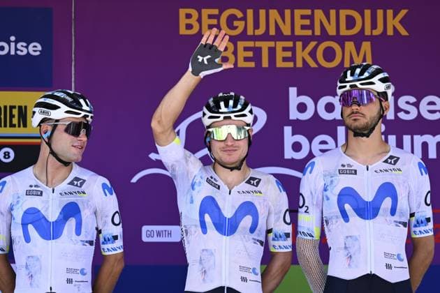 Baloise Belgium Tour 2026 Stage 4 AARSCHOT, BELGIUM - JUNE 20 : Rider of Team Movistar on the podium before the start of race during stage 4 of the 95th edition of Baloise Tour of Belgium an UCI ProSeries 2.Pro cycling road race stage for Men Elite of 183.5 km with start in Begijnendijk and finish in Aarschot on June 20, 2026 in Aarschot, Belgium, 20 06 2026 ( Motordriver Stephan Boone - Aarschot Belgium  Copyright: xTomasxSiskx