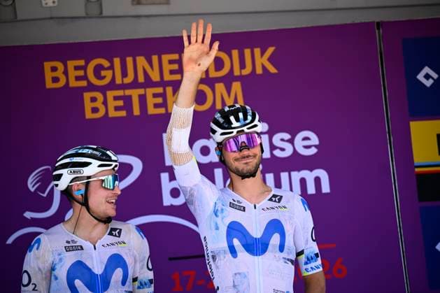 Baloise Belgium Tour 2026 Stage 4 AARSCHOT, BELGIUM - JUNE 20 : Milesi Lorenzo (ITA) of Movistar Team on the podium before the start of race during stage 4 of the 95th edition of Baloise Tour of Belgium an UCI ProSeries 2.Pro cycling road race stage for Men Elite of 183.5 km with start in Begijnendijk and finish in Aarschot on June 20, 2026 in Aarschot, Belgium, 20 06 2026 ( Motordriver Stephan Boone - Aarschot Belgium  Copyright: xTomasxSiskx