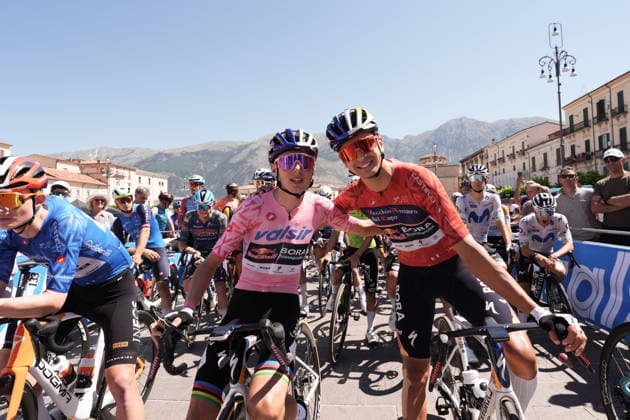 The pink jersey Italy s Lorenzo Mark Finn of Red Bull - Bora - Hansgrohe Rookies and The red jersey Italy s Davide Donati of Red Bull - Bora - Hansgrohe Rookies during Stage 7 of the Giro Next Gen 2026, from Sulmona to Piana delle Mele (Guardiagrele), Italy, Saturday, June 20, 2026.  Copyright: xMassimoxPaolone LaPressex