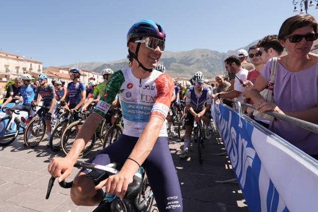 The tricolore jersey Italy s Matteo Scalco of XDS Astana Development Team during Stage 7 of the Giro Next Gen 2026, from Sulmona to Piana delle Mele (Guardiagrele), Italy, Saturday, June 20, 2026.  Copyright: xMassimoxPaolone LaPressex
