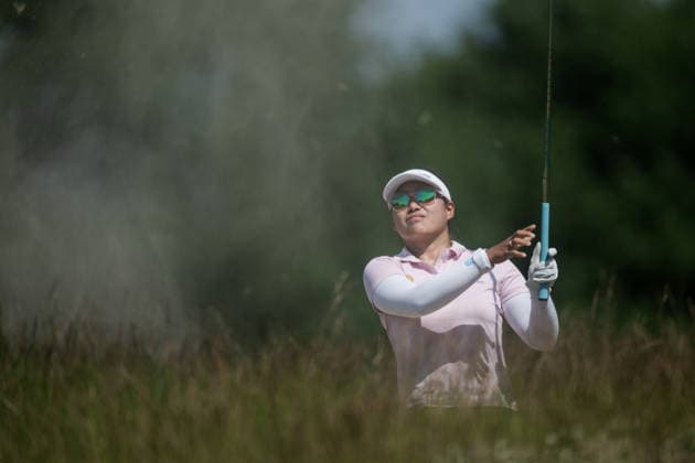 EEMNES, NETHERLANDS - JUNE 19: April Angurasaranee of Thailand plays her second shot on from the bunker of the 9th hole during Round 1 of the 2026 Dutch Ladies Open at Goyer Golf & Country Club on June 19, 2026 in Eemnes, Netherlands. Credit: Andy Astfalck NurPhoto Netherlands Copyright: xAndyxAstfalckx