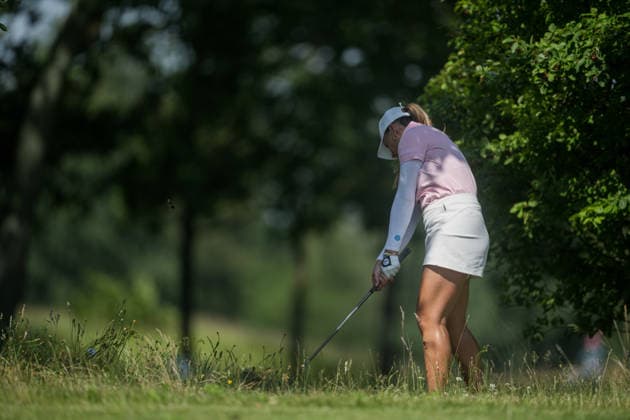 EEMNES, NETHERLANDS - JUNE 19: Emma Falcher of France plays her second shot from the trees on the 9th hole during Round 1 of the 2026 Dutch Ladies Open at Goyer Golf & Country Club on June 19, 2026 in Eemnes, Netherlands. Credit: Andy Astfalck NurPhoto Netherlands Copyright: xAndyxAstfalckx