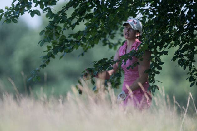 EEMNES, NETHERLANDS - JUNE 19: Corinne Viden of Sweden plays her second shot from the trees on the 9th hole during Round 1 of the 2026 Dutch Ladies Open at Goyer Golf & Country Club on June 19, 2026 in Eemnes, Netherlands. Credit: Andy Astfalck NurPhoto Netherlands Copyright: xAndyxAstfalckx