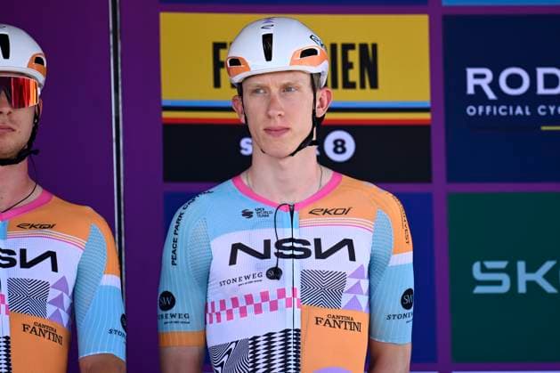 Baloise Belgium Tour 2026 Stage 4 AARSCHOT, BELGIUM - JUNE 20 : Askey Lewis (GBR) of NSN Cycling Team on the podium before the start of race during stage 4 of the 95th edition of Baloise Tour of Belgium an UCI ProSeries 2.Pro cycling road race stage for Men Elite of 183.5 km with start in Begijnendijk and finish in Aarschot on June 20, 2026 in Aarschot, Belgium, 20 06 2026 ( Motordriver Stephan Boone - Aarschot Belgium  Copyright: xTomasxSiskx