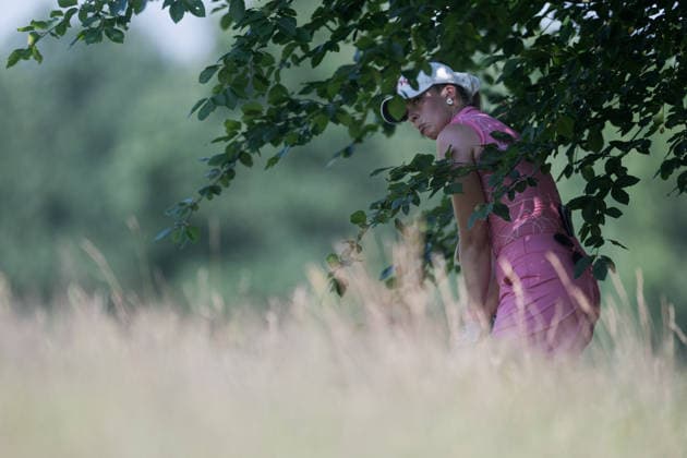 EEMNES, NETHERLANDS - JUNE 19: Corinne Viden of Sweden plays her second shot from the trees on the 9th hole during Round 1 of the 2026 Dutch Ladies Open at Goyer Golf & Country Club on June 19, 2026 in Eemnes, Netherlands. Credit: Andy Astfalck NurPhoto Netherlands Copyright: xAndyxAstfalckx