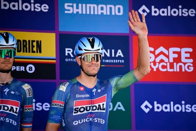 Baloise Belgium Tour 2026 Stage 4 AARSCHOT, BELGIUM - JUNE 20 : Rider of Team Soudal Quick-Step on the podium before the start of race during stage 4 of the 95th edition of Baloise Tour of Belgium an UCI ProSeries 2.Pro cycling road race stage for Men Elite of 183.5 km with start in Begijnendijk and finish in Aarschot on June 20, 2026 in Aarschot, Belgium, 20 06 2026 ( Motordriver Stephan Boone - Aarschot Belgium  Copyright: xTomasxSiskx