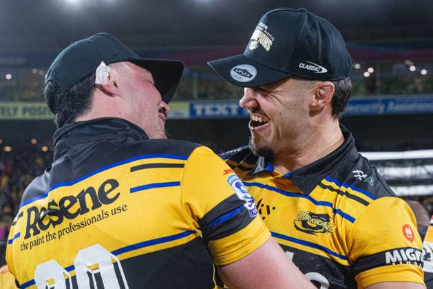 June 20, 2026, Wellington, Wellington City, New Zealand: Super Rugby Pacific 2026 Final: Hurricanes v Chiefs: June 20th, 2026, Wellington, Wellington City, New Zealand: Hurricanes player Devan Flanders (right) passionately embraces a teammate after his teams emphatic 60-5 victory over the Chiefs after the Super Rugby Pacific Final 2026 fixture between the Hurricanes and the Chiefs at the Hnry Stadium in Wellington. Super Rugby Pacific 2026 Final: Hurricanes V Chiefs  - ZUMAf189 20260620_zsp_f189_029 Copyright: xJamesxFoyx