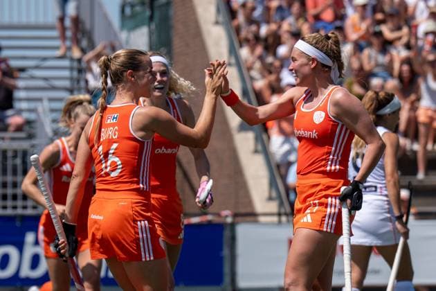 ROTTERDAM, 20-06-2026, HC Rotterdam, FIH Hockey Pro League Women, Netherlands - Spain , Season 2025-2026. Picture shows Netherlands player Joosje Burg, Netherlands player Yibbi Jansen and Netherlands player Pien Dicke Netherands - Spain (1st Match)  x204496875x Copyright: