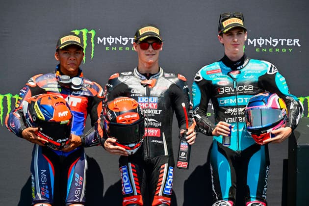 Czech Republic motorcycle Grand Prix, MotoGP World Championship, WM, Weltmeisterschaft qualification Moto3, in Brno, Czech Republic, on June 20, 2026. From left second placed Hakim Danish of Malaysia, winner David Almansa of Spain and third placed Maximo Quiles of Spain. (CTKxPhoto VaclavxSalek) CTKPhotoP2026062003387  CTKPhotoP2026062003387