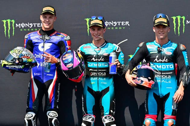 Czech Republic motorcycle Grand Prix, MotoGP World Championship, WM, Weltmeisterschaft qualification Moto2, in Brno, Czech Republic, on June 20, 2026. From left second placed Filip Salac of Czech Republic, winner David Alonso of Columbia and second placed Daniel Holgado of Spain. (CTKxPhoto VaclavxSalek) CTKPhotoP2026062003654  CTKPhotoP2026062003654