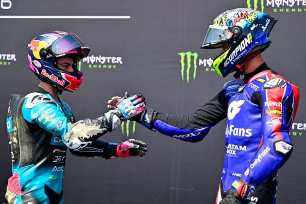 Czech Republic motorcycle Grand Prix, MotoGP World Championship, WM, Weltmeisterschaft qualification Moto2, in Brno, Czech Republic, on June 20, 2026. From left winner David Alonso of Columbia and second placed Filip Salac of Czech Republic. (CTKxPhoto VaclavxSalek) CTKPhotoP2026062003685  CTKPhotoP2026062003685