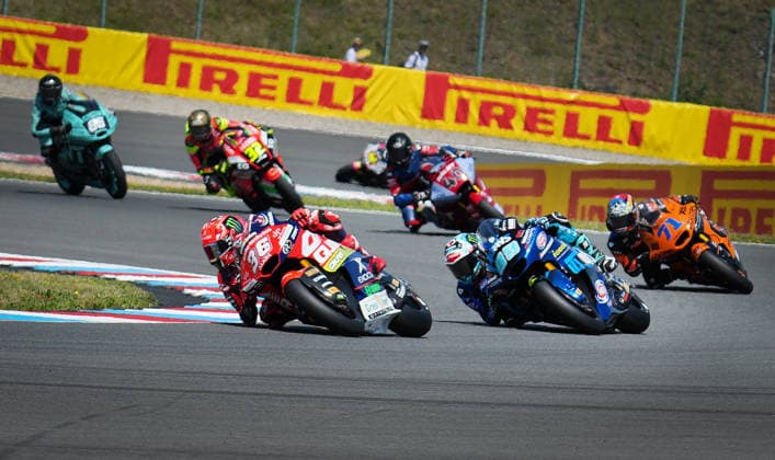 Czech Republic motorcycle Grand Prix, MotoGP World Championship, WM, Weltmeisterschaft qualification Moto2, in Brno, Czech Republic, on June 20, 2026. From left Angel Piqueras of Spain, Adrian Huertas of Spain and Ayumu Sasaki of Japan. (CTKxPhoto LubosxPavlicek) CTKPhotoP2026062003775  CTKPhotoP2026062003775