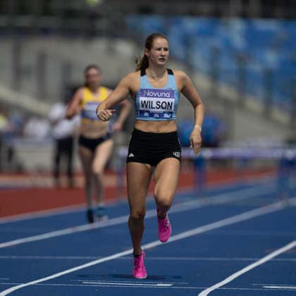 RECORD DATE NOT STATED 20th June 2026; Alexander Stadium, Birmingham, West Midlands, England; 2026 Novuna UK Athletics Championships; Arabella Wilson of TVH celebrates winning a heat in the womens 400m hurdles GodfreyxPitt