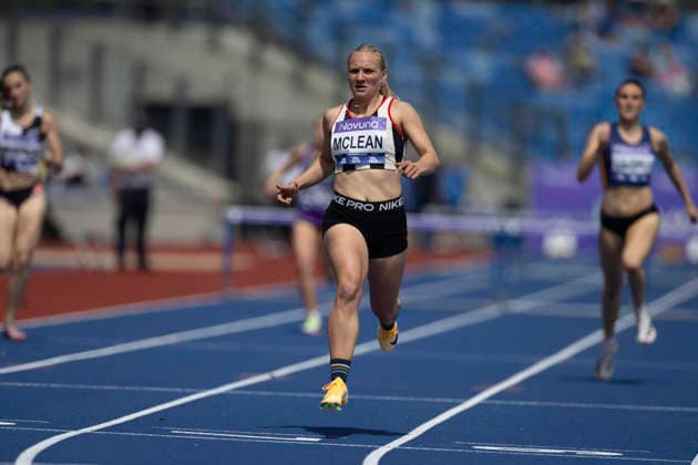 RECORD DATE NOT STATED 20th June 2026; Alexander Stadium, Birmingham, West Midlands, England; 2026 Novuna UK Athletics Championships; Hayley Mclean of Shaftesbury Barnet Harriers celebrates winning a heat in the womens 400m hurdles GodfreyxPitt