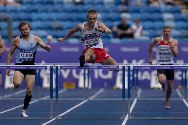 RECORD DATE NOT STATED 20th June 2026; Alexander Stadium, Birmingham, West Midlands, England; 2026 Novuna UK Athletics Championships; Seamus Derbyshire of City of Stoke AC competes in a heat in the mens 400m hurdles from Joshua Faulds of Rugby and Northampton AC in a photo finish GodfreyxPitt