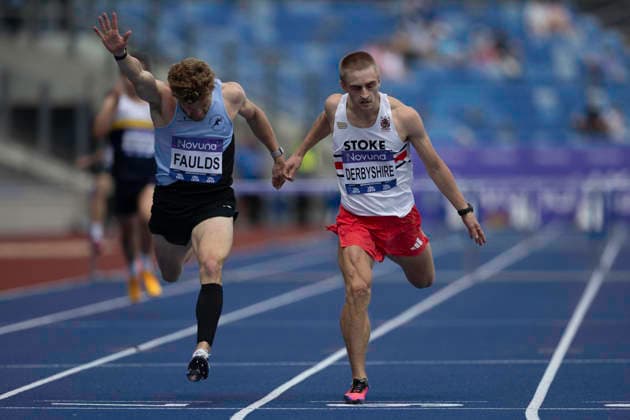 RECORD DATE NOT STATED 20th June 2026; Alexander Stadium, Birmingham, West Midlands, England; 2026 Novuna UK Athletics Championships; Seamus Derbyshire of City of Stoke AC wins a heat in the mens 400m hurdles from Joshua Faulds of Rugby and Northampton AC in a photo finish GodfreyxPitt