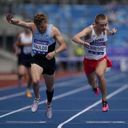 RECORD DATE NOT STATED 20th June 2026; Alexander Stadium, Birmingham, West Midlands, England; 2026 Novuna UK Athletics Championships; Seamus Derbyshire of City of Stoke AC wins a heat in the mens 400m hurdles from Joshua Faulds of Rugby and Northampton AC in a photo finish GodfreyxPitt