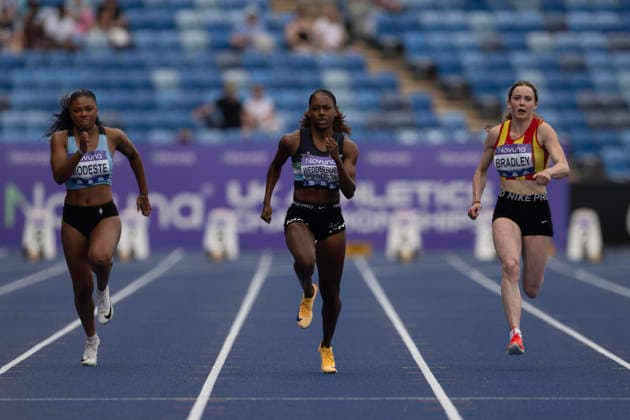 RECORD DATE NOT STATED 20th June 2026; Alexander Stadium, Birmingham, West Midlands, England; 2026 Novuna UK Athletics Championships; Nia Wedderburn-Goodison of Harrow AC wins a heat in the womens 100m from Lily Bradley of City of Norwich GodfreyxPitt