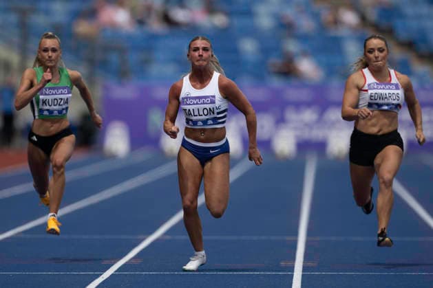 RECORD DATE NOT STATED 20th June 2026; Alexander Stadium, Birmingham, West Midlands, England; 2026 Novuna UK Athletics Championships; Lucy Tallon of Tonbridge AC celebrates wins a heat in the womens 100m GodfreyxPitt