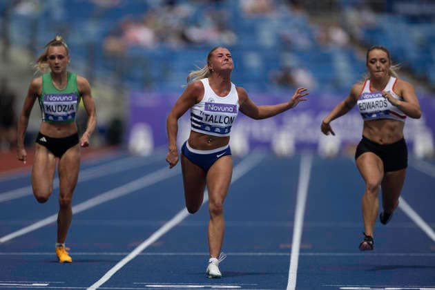 RECORD DATE NOT STATED 20th June 2026; Alexander Stadium, Birmingham, West Midlands, England; 2026 Novuna UK Athletics Championships; Lucy Tallon of Tonbridge AC celebrates winning a heat in the womens 100m GodfreyxPitt