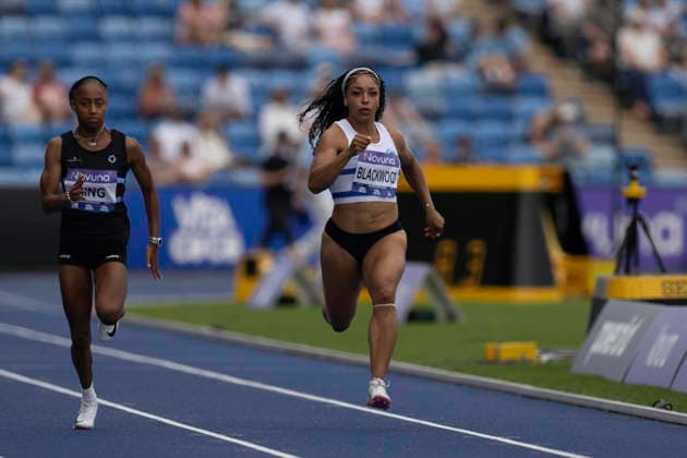 RECORD DATE NOT STATED 20th June 2026; Alexander Stadium, Birmingham, West Midlands, England; 2026 Novuna UK Athletics Championships; Serena Blackwood of Cambridge and Coleridge AC celebrates winning a heat in the womens 100m GodfreyxPitt
