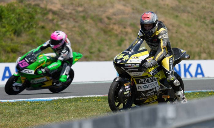 Czech Republic motorcycle Grand Prix, MotoGP World Championship, WM, Weltmeisterschaft qualification Moto3, in Brno, Czech Republic, on June 20, 2026. From left Scott Ogden of Britain and Jesus Rios of Spain. (CTKxPhoto LubosxPavlicek) CTKPhotoP2026062003928  CTKPhotoP2026062003928