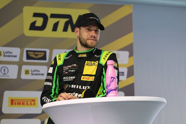 press conference, PK, Pressekonferenz after the end of the race, Ricardo Feller (CH Manthey, 90), Porsche 911 GT3 R Evo, smiles, laughs, DTM (German Touring Car Championship) - Round 3 - Race 1, DEKRA Lausitzring on 20.06.2026. Brandenburg Deutschland Copyright: xO.Franke,xSportblen.dex