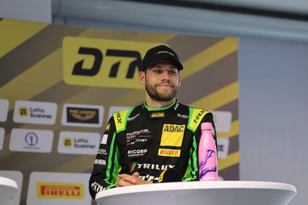 press conference, PK, Pressekonferenz after the end of the race, Ricardo Feller (CH Manthey, 90), Porsche 911 GT3 R Evo, smiles, laughs, DTM (German Touring Car Championship) - Round 3 - Race 1, DEKRA Lausitzring on 20.06.2026. Brandenburg Deutschland Copyright: xO.Franke,xSportblen.dex