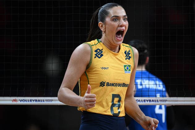 China v Brazil - 2026 FIVB Volleyball Nations League ANKARA, TURKIYE - JUNE 20: Julia Gambatto Kudiess (8) of Brazil celebrates after score during the 2026 FIVB Volleyball Nations League (VNL) Week 2 match between China and Brazil at Ankara Sports Hall in Ankara, Turkiye on June 20, 2026. Akin Celiktas Anadolu Ankara Turkey. Editorial use only. Please get in touch for any other usage.  Copyright: x2026xAnadoluxAkinxCeliktasx