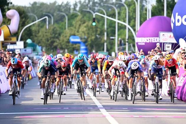 Baloise Belgium Tour 2026 Stage 4 AARSCHOT, BELGIUM - JUNE 20 : Kooij Olav (NED) of Decathlon CMA CGM Team, Philipsen Jasper (BEL) of Alpecin Premier Tech, Girmay Biniam (ERI) of NSN Cycling Team, Merlier Tim (BEL) of Soudal Quick Step in the final sprint during stage 4 of the 95th edition of Baloise Tour of Belgium an UCI ProSeries 2.Pro cycling road race stage for Men Elite of 183.5 km with start in Begijnendijk and finish in Aarschot on June 20, 2026 in Aarschot, Belgium, 20 06 2026 ( Motordriver Stephan Boone - Aarschot Belgium  Copyright: xTomasxSiskx