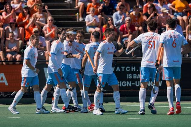 ROTTERDAM, 20-06-2026, HC Rotterdam, FIH Hockey Pro League Men, Netherlands - Germany , Season 2025-2026. Picture shows Netherlands player Koen Bijen, Netherlands player Lars Balk, Netherlands player Derck de Vilder, Netherlands player Floris Middendorp and Netherlands player Thierry Brinkman Netherands - Germany (2nd Match)  x204500880x Copyright: