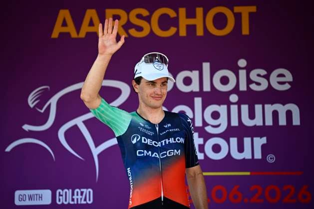 Baloise Belgium Tour 2026 Stage 4 AARSCHOT, BELGIUM - JUNE 20 : Kooij Olav (NED) of Decathlon CMA CGM Team on the podium during stage 4 of the 95th edition of Baloise Tour of Belgium an UCI ProSeries 2.Pro cycling road race stage for Men Elite of 183.5 km with start in Begijnendijk and finish in Aarschot on June 20, 2026 in Aarschot, Belgium, 20 06 2026 ( Motordriver Stephan Boone - Aarschot Belgium  Copyright: xTomasxSiskx