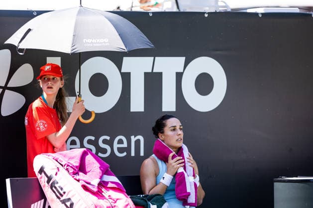 BAD HOMBURG, GERMANY - JUNE 20: Martina Trevisan (ITA) cooling herself down with an iced towel during the Bad Homburg Open powered by Solarwatt Singles match between Martina Trevisan (ITA) vs Taylor Townsend (USA) at Kurpark Bad Homburg on June 20, 2026 in Bad Homburg, Germany. Hessen Germany Copyright: xSteffiexWunderlx