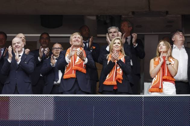 HOUSTON - Gianni Infantino, King Willem-Alexander, Queen Maxima and Princess Ariane in the stands during the 2026 FIFA World Cup, WM, Weltmeisterschaft, Fussball Group F match between the Netherlands and Sweden at Houston Stadium on June 20, 2026 in Houston, United States. ROBIN VAN LONKHUIJSEN ANP FIFA World Cup 2026 group stage 2026 xVIxANPxSportx xxANPxIVx 561521708 originalFilename: 561521708.jpg
