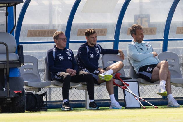 SOCCER - FIFA World Cup, WM, Weltmeisterschaft, Fussball 2026, preview SANTA BARBARA,CALIFORNIA,USA,20.JUN.26 - SOCCER - FIFA World Cup 2026, USA, Mexico, Canada, preview, Oesterreichischer Fussball-Bund, training team AUT. Image shows head coach Ralf Rangnick, Christoph Baumgartner (AUT) and press officer Thomas Trukesitz.  GEPAxpictures xArminxRauthner