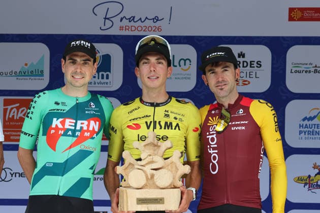 20-06-2026 La Route D occitanie; Tappa 03 Loures Barousse - Loudenvielle; 2026, Visma - Lease A Bike; 2026, Kern Pharma; 2026, Cofidis; Piganzoli, Davide; Ruiz, Ibon; Izaguirre, Jon; Loudenvielle; 