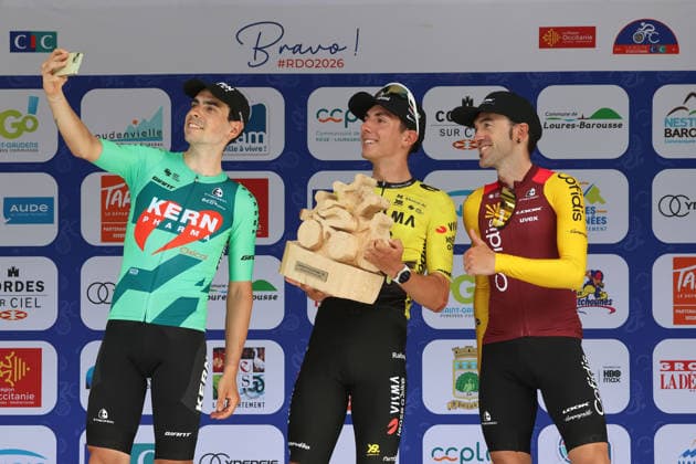 20-06-2026 La Route D occitanie; Tappa 03 Loures Barousse - Loudenvielle; 2026, Visma - Lease A Bike; 2026, Kern Pharma; 2026, Cofidis; Piganzoli, Davide; Ruiz, Ibon; Izaguirre, Jon; Loudenvielle; 