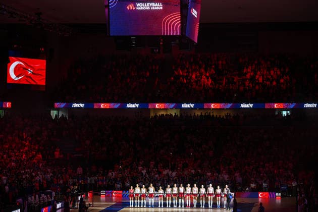 Turkiye v Germany - 2026 FIVB Volleyball Nations League ANKARA, TURKIYE - JUNE 20: Players walk onto the court for the pre-match ceremony before the 2026 FIVB Volleyball Nations League (VNL) Pool 2 match between Turkiye and Germany at Ankara Sports Hall in Ankara, Turkiye on June 20, 2026. Akin Celiktas Anadolu Ankara Turkey. Editorial use only. Please get in touch for any other usage.  Copyright: x2026xAnadoluxAkinxCeliktasx