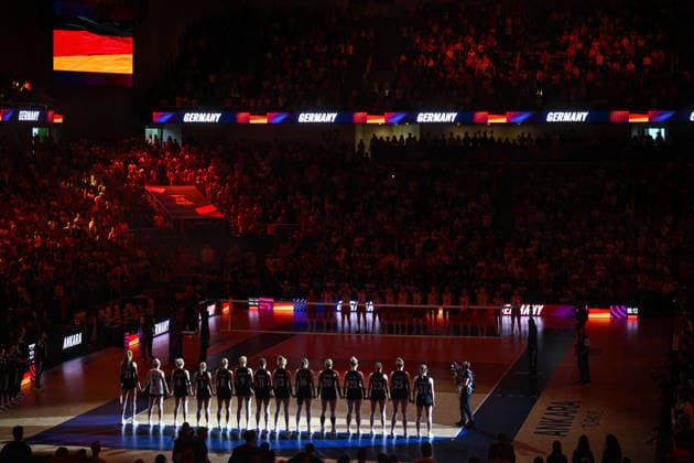 Turkiye v Germany - 2026 FIVB Volleyball Nations League ANKARA, TURKIYE - JUNE 20: Players walk onto the court for the pre-match ceremony before the 2026 FIVB Volleyball Nations League (VNL) Pool 2 match between Turkiye and Germany at Ankara Sports Hall in Ankara, Turkiye on June 20, 2026. Akin Celiktas Anadolu Ankara Turkey. Editorial use only. Please get in touch for any other usage.  Copyright: x2026xAnadoluxAkinxCeliktasx