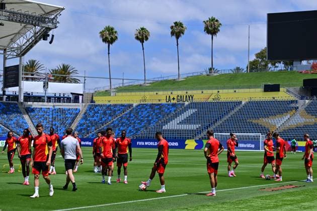 Belgium s players pictured during a training session of Belgian national soccer team Red Devils at the LA Galaxy stadium in Los Angeles, USA, on Saturday 20 June 2026. The Red Devils prepare for their second game in the group stage of the 2026 FIFA World Cup, WM, Weltmeisterschaft, Fussball DIRKxWAEM  x178495709x