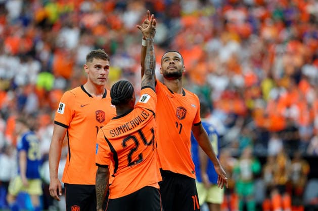 Cody Gakpo (Netherlands) celebrates after scoring his team s third goal with Crysencio Summerville (Netherlands) during the FIFA World Cup, WM, Weltmeisterschaft, Fussball 2026 Group F match between Netherlands and Sweden at Houston Stadium on June 20, 2026 in Houston, United States. (Photo by Torbjorn Tande DeFodi Images) - *** Cody Gakpo of the Netherlands celebrates after scoring his teams third goal alongside Crysencio Summerville of the Netherlands during the 2026 FIFA World Cup Group F match between the Netherlands and Sweden at Houston Stadium on June 20, 2026, in Houston, United States. Photo by Torbjorn Tande, DeFodi Images,detected_source_language