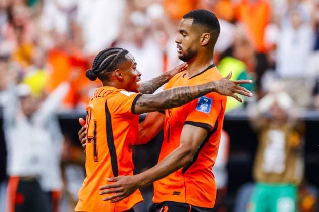 HOUSTON, 20-06-2026, Houston Stadium, Match between The Netherlands and Sweden. Picture shows Netherlands player Crysencio Summerville and Netherlands player Cody Gakpo celebrating the goal. 4-0. Netherlands - Sweden (World Cup 2026)  x204503606x Copyright: