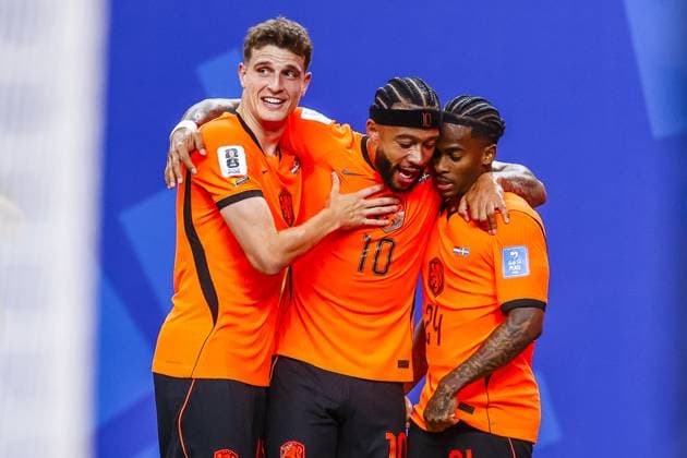 HOUSTON, 20-06-2026, Houston Stadium, Match between The Netherlands and Sweden. Picture shows Netherlands player Guus Til , Netherlands player Memphis Depay , Netherlands player Crysencio Summerville celebrating the goal. 5-1 Netherlands - Sweden (World Cup 2026)  x204504717x Copyright: