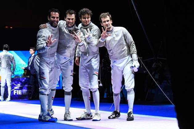 ESCRIME : Championnat d Europe Antony 2026 - 20 06 2026 Les escrimeurs Hongrois cÃ lebrent leur sacre de champions d™Europe en Sabre par equipe AntonyFrance  Copyright: xBaptistexAutissierx