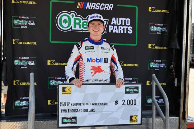 SAN DIEGO, CA - JUNE 20: Brent Crews ( 19 Joe Gibbs Racing Mobil 1 Toyota) wins the Pole Award for the NASCAR, Motorsport, USA OÕReilly Auto Parts Series United Rentals Driven to Serve 250 race on Saturday June 20, 2026 at the Naval Base Coronado in San Diego, CA. (Photo by David J. Griffin Icon Sportswire) AUTO: JUN 20 NASCAR OÕReilly Auto Parts Series United Rentals Driven to Serve 250 EDITORIAL USE ONLY Icon953260620116