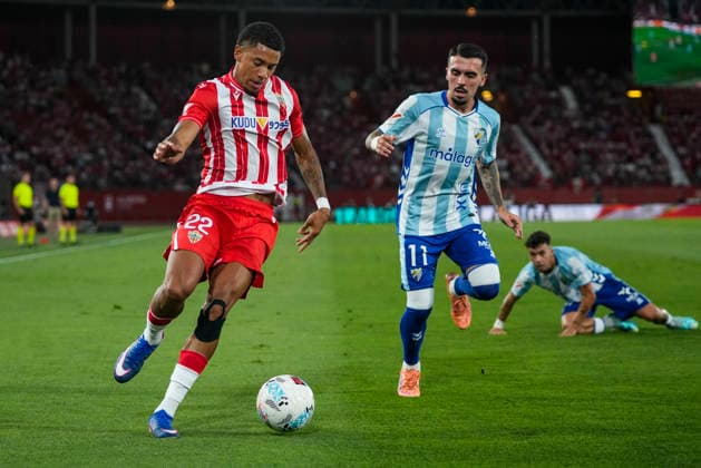 June 20, 2026, Almeria, Almeria, SPAIN: Daijiro Chirino of UD Almeria and Joaquin Munoz of Malaga CF in action during the Liga Hypermotion, second leg of the Playoff for LaLiga EA Sports promotion, football match played between UD Almeria and Malaga CF at UD Almeria stadium on June 20, 2026, in Almeria, Spain. UD Almeria V Malaga CF - LaLiga Hypermotion  - ZUMAa181 20260620_zaa_a181_077 Copyright: xJoaquinxCorcherox