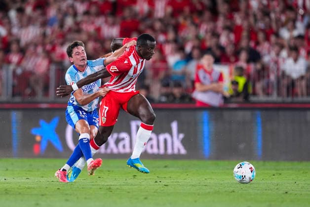 June 20, 2026, Almeria, Almeria, SPAIN: Carlos Dotor of Malaga CF and Dion Lopy of UD Almeria in action during the Liga Hypermotion, second leg of the Playoff for LaLiga EA Sports promotion, football match played between UD Almeria and Malaga CF at UD Almeria stadium on June 20, 2026, in Almeria, Spain. Almeria SPAIN - ZUMAa181 20260620_zaa_a181_082 Copyright: xJoaquinxCorcherox